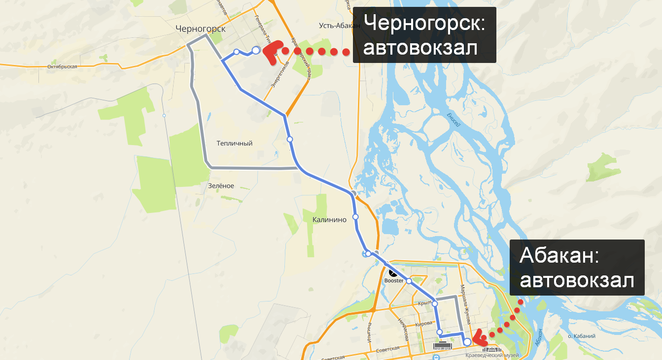 Схема маршрута движения автобуса № 122а, Абакан - Черногорск.
