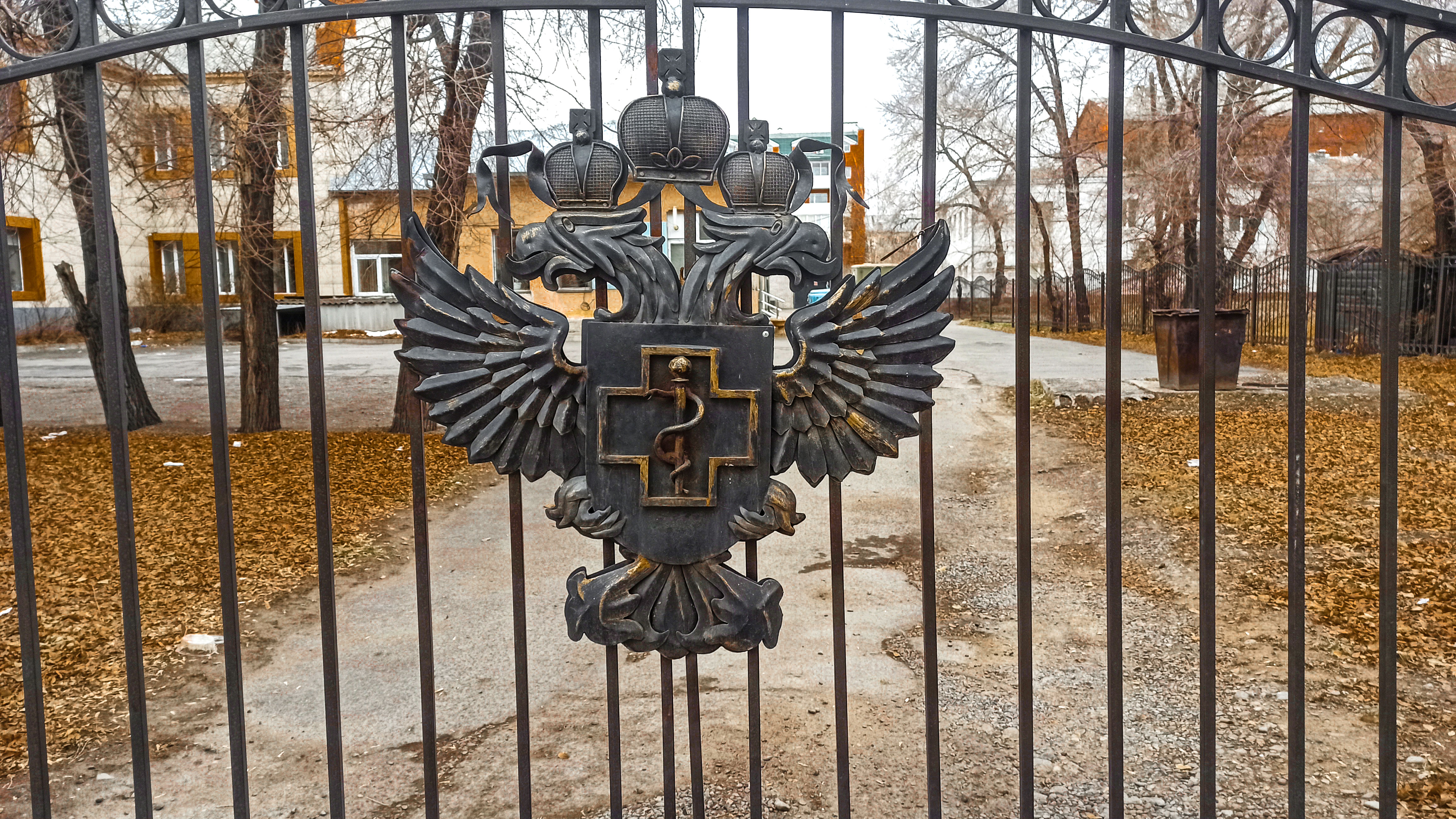 Двуглавый орел с крестом и змеей в центре в г. Абакан.