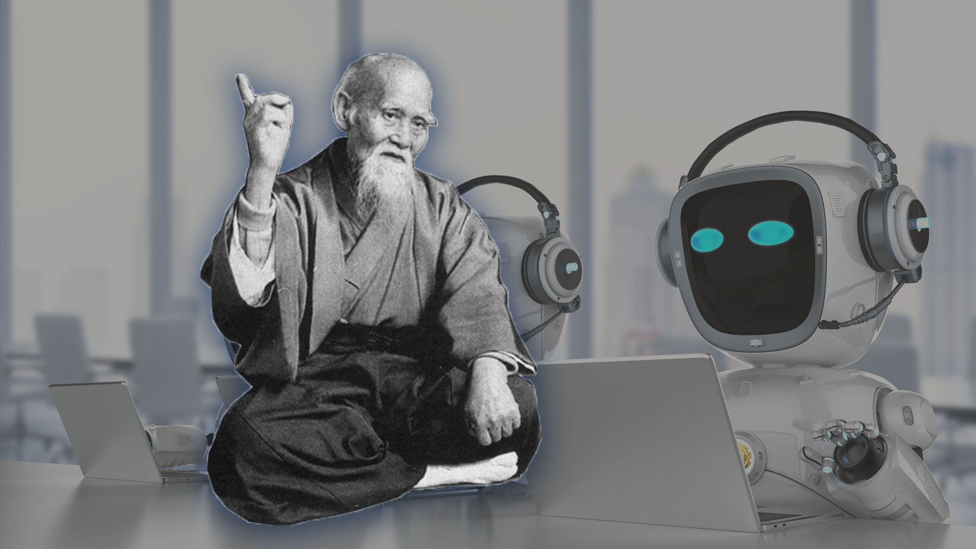 Мудрец сидит в позе лотоса с поднятой правой рукой на фоне роботов.