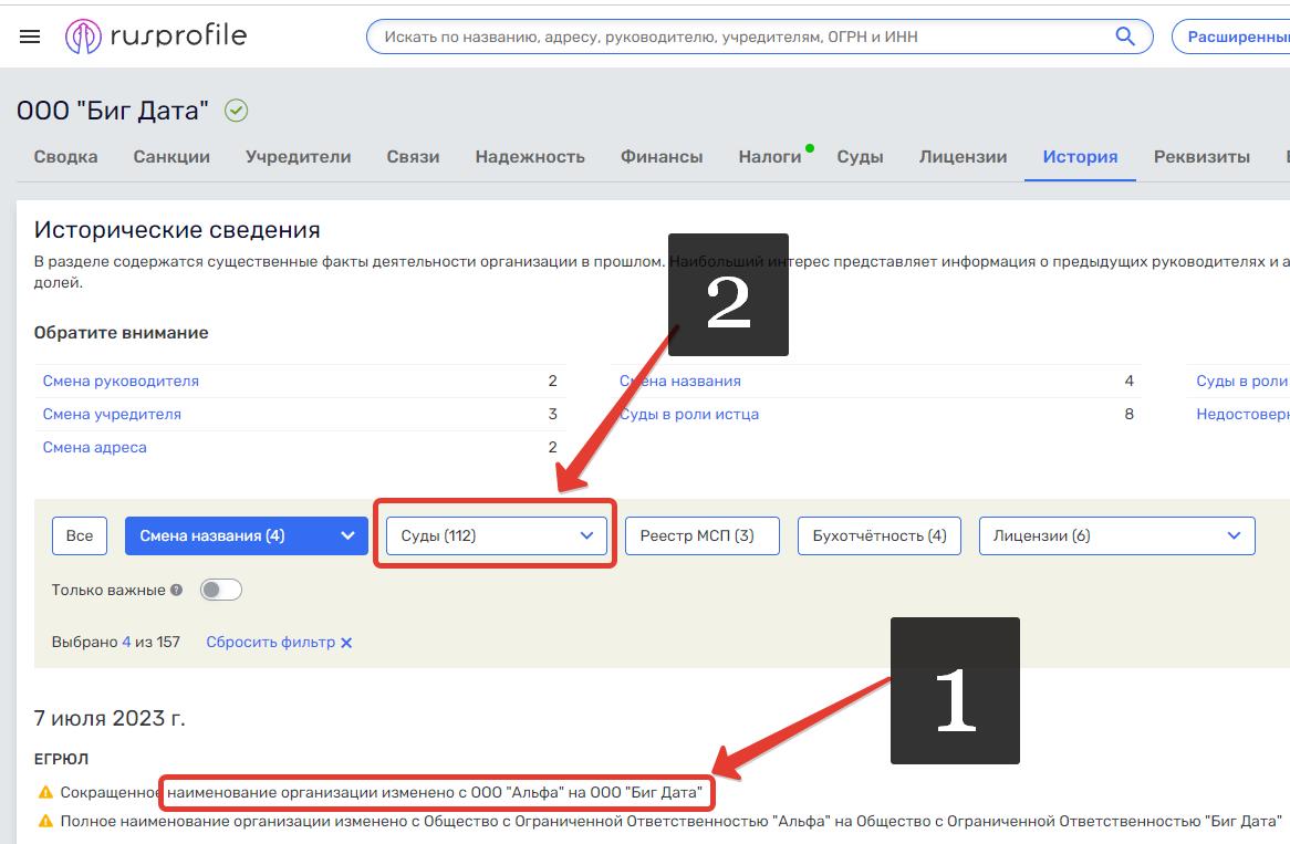 Cкриншот с сайта rusprofile.ru: информация о смене названия компании Биг Дата.